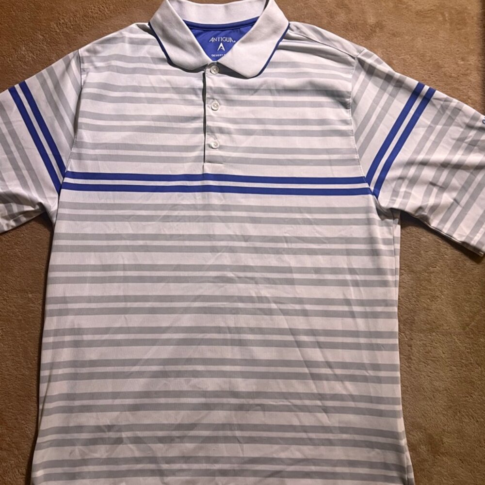 Antigua Desert Dry Men LG White Gray‎ Blue Stripe Glasgow Country Golf Polo (W)